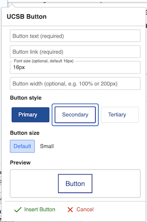 Updated UCSB Button plugin interface showing the Secondary button preview and how color selection only applies to Primary buttons