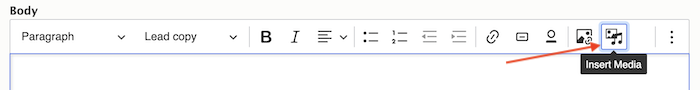CKEditor 5 toolbar showing the Insert Media button used for video embedding
