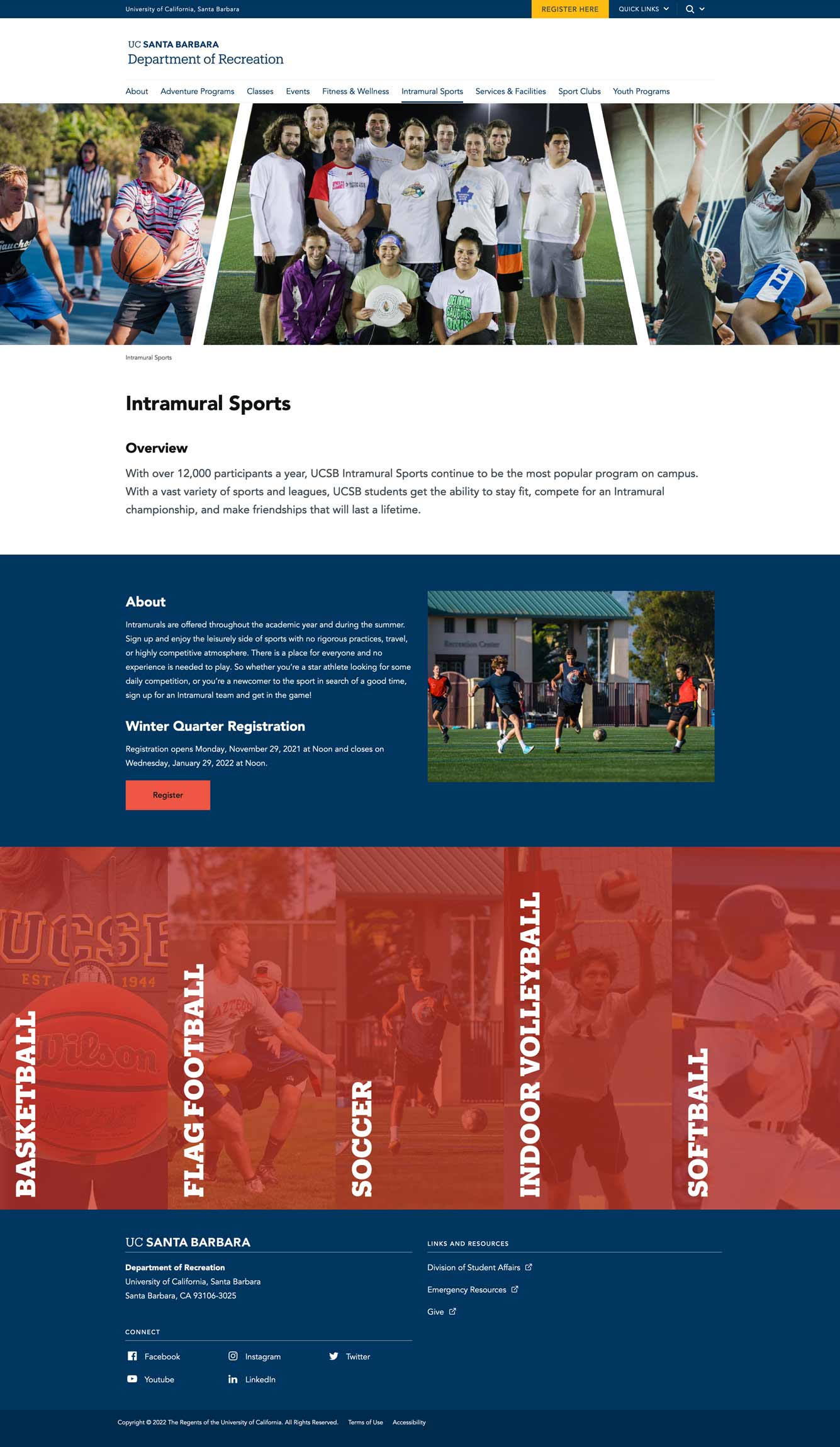 intramural sports website showing use of action panels