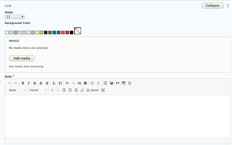 A Card's settings form showing the Width dropdown, Background Color swatches, Add media button for the Image, and Body text editor.