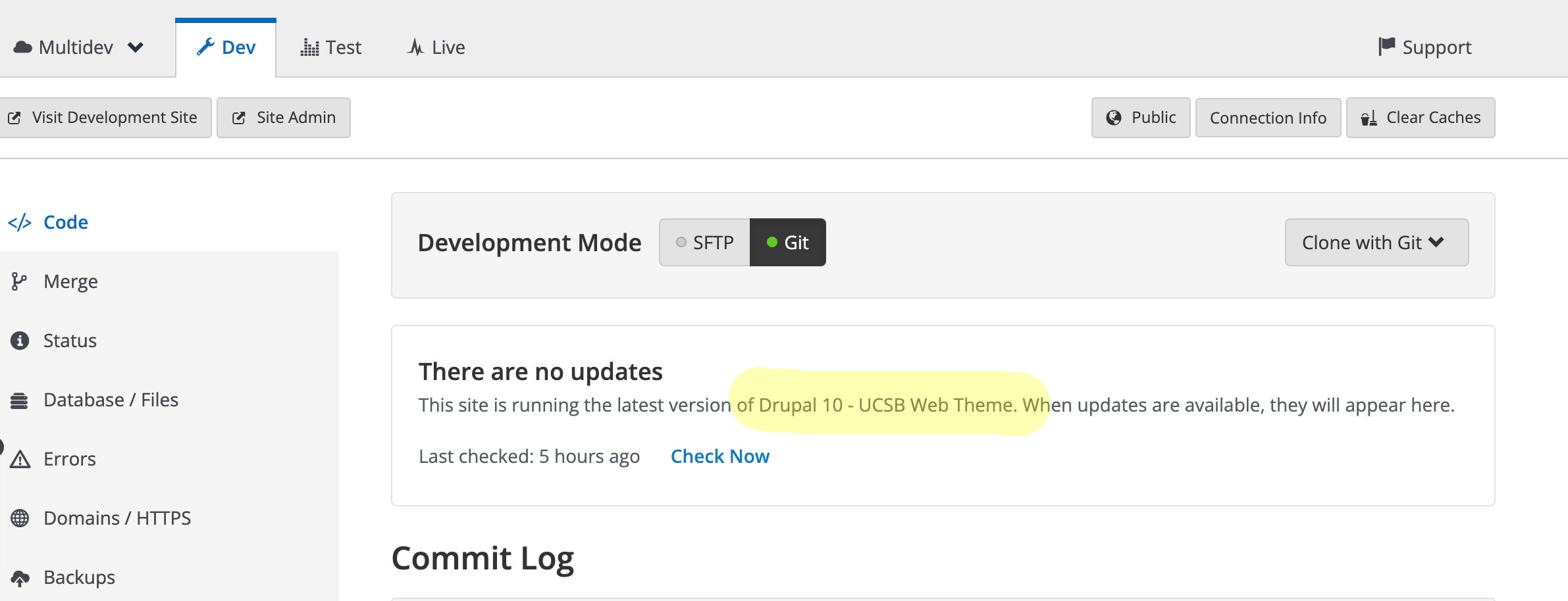 Pantheon Dashboard shows the site is using Drupal 10 Upstream