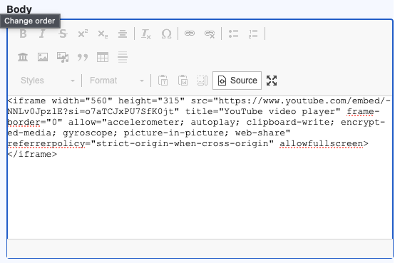example of embedding an iframe code snippet into the CK Editor