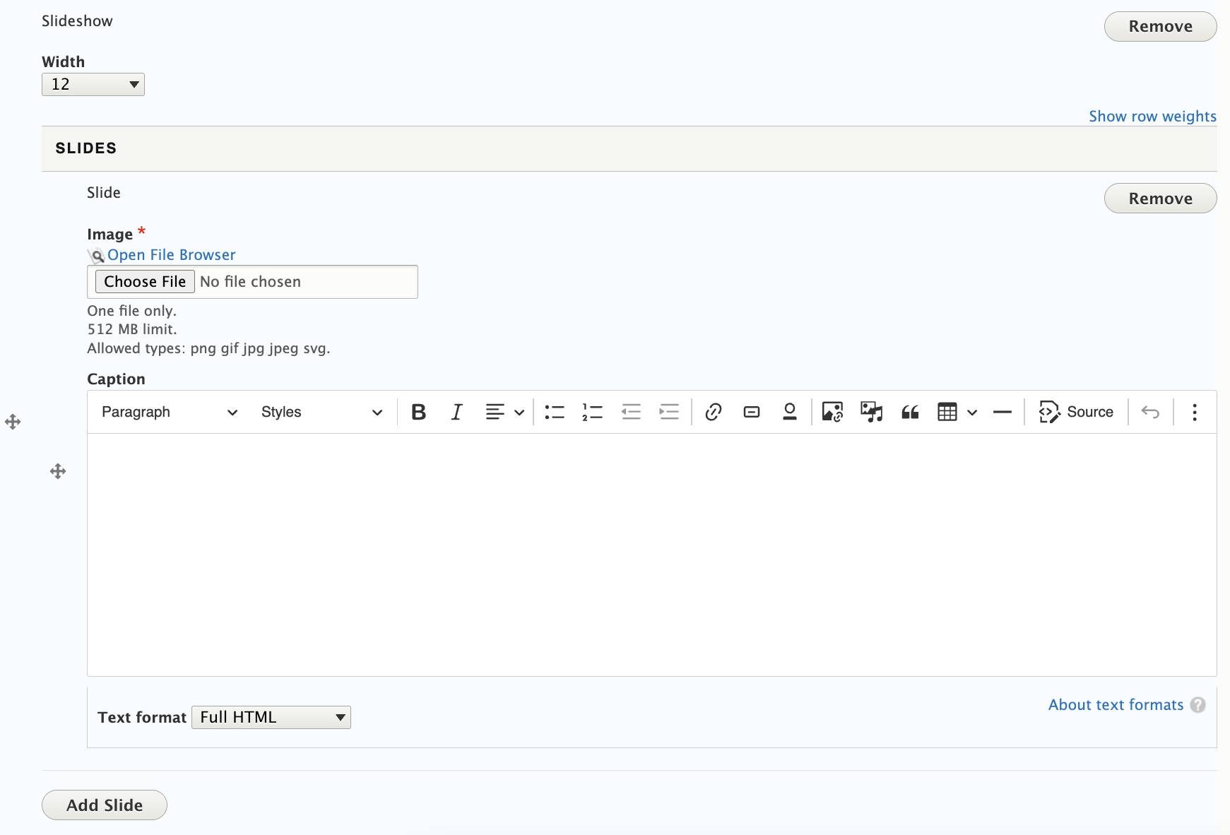 Slideshow field settings showing the Width dropdown, Auto Scroll checkbox, slide image upload area, caption editor, and Add Slide button.