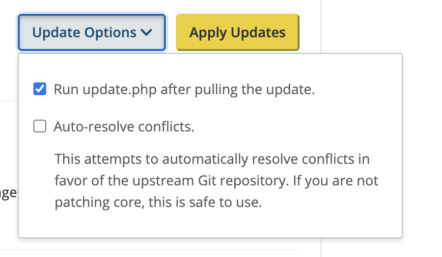 auto-resolve conflicts message with pantheon dashboard